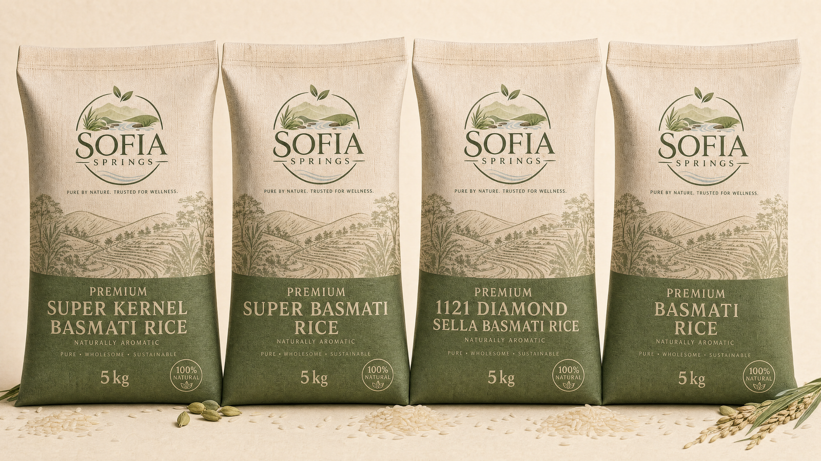 Sofia Springs basmati range — Super Kernel, Super Basmati, 1121 Diamond Sella and Premium Basmati